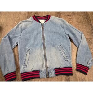 American Eagle Jean Jacket Small Navy Red Trim Denim Zip Up Blue